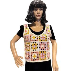 Crochet Knit Cropped Tank Boho Hippie Granny Squares Rebellion Again size XS